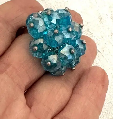 Blue sparkly beaded silver tone adjustable ring