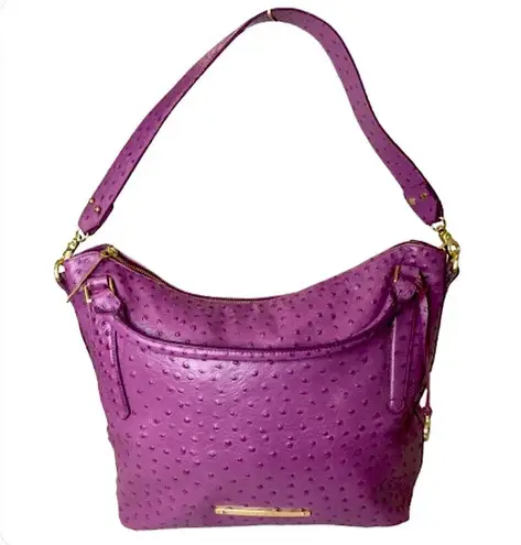 Brahmin Purple Ostrich Embossed Leather Top Handle Carry On Shoulder Bag