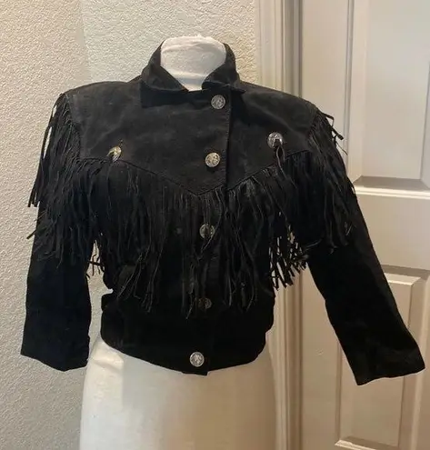 Vintage Women’s Black Leather Suede Jacket w/ Fringe Tassels Western Sz S