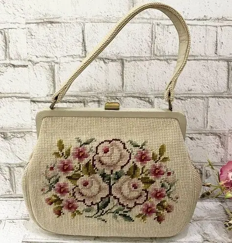 Vintage Beige Floral Needlepoint Clutch Handbag
