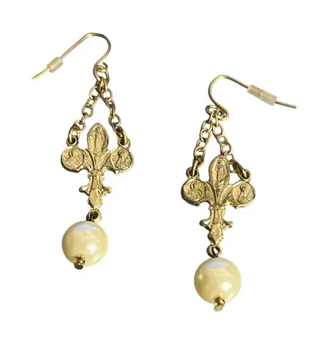 Vintage Fleur De Lis Faux Pearl Drop Earrings Gold Tone Hooks Chain Estate 2.5"