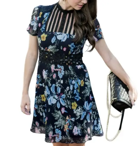 Foxiedox Juniper Floral High Neck Mini Dress size XS Lace Inset