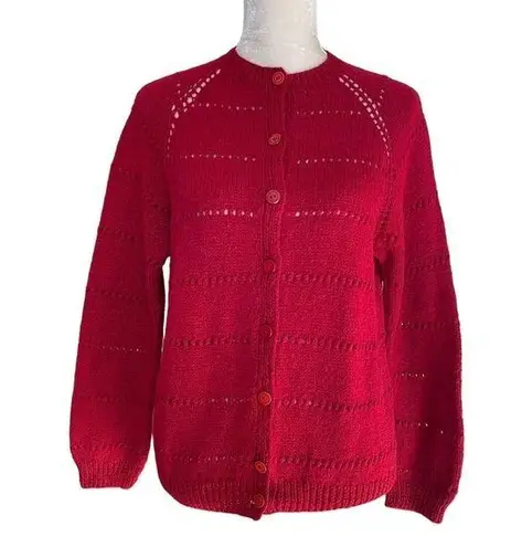 Hadmade Women’s Handcrafted Open Knit Red Cardigan Sweater Hand Knitted Size M
