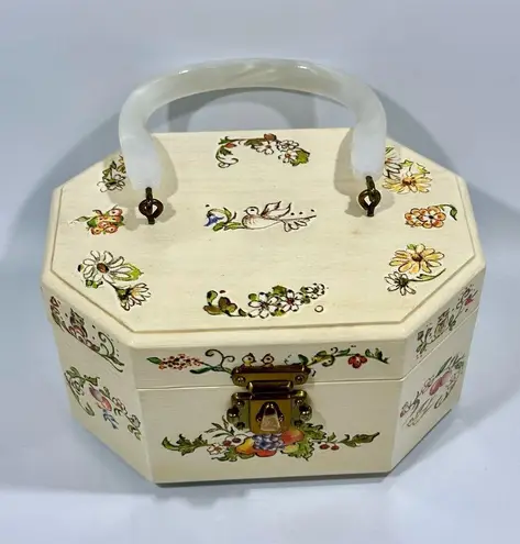 Vintage Floral Wood Octagonal Box Purse White