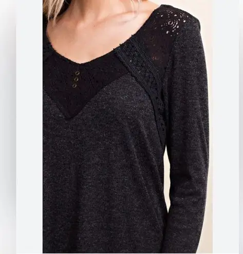 Downeast Love Lace Accent Ribbed Long Sleeve Top XL Grey