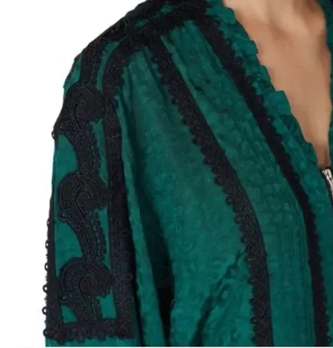 Koche Elegant Emerald Green Blouse Jacquard Black Lace Embroidered Size 36 or 6