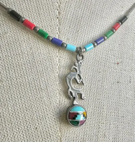 Sterling Silver Southwest Turquoise and other Stones Inlayed Kokopelli Pendant Nec