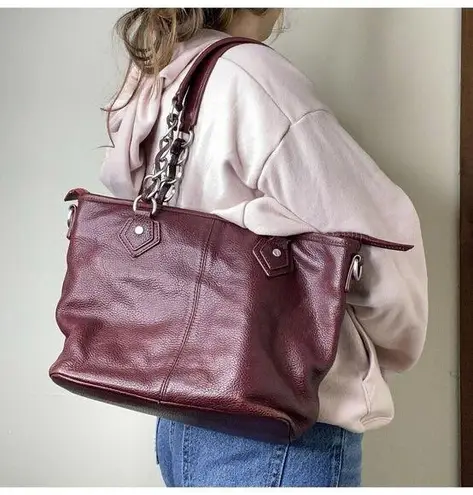 M. London Burgundy Maroon Leather Shoulder Bag Silver Hardware Y2k Red