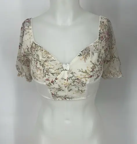 Womens Floral Eyelet Puff Sleeve Sweetheart Bustier Corset Crop Top Cottagecore