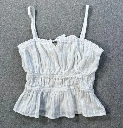 Prómesa Promesa White Gauzy Tank Top Size Medium Peplum Ruched Waist Keyhole Tie at Neck