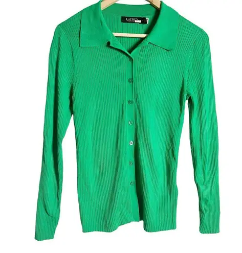 Lauren Ralph Lauren Green Collared Polo Ribbed Knit Cardigan Sweater Size M Size M