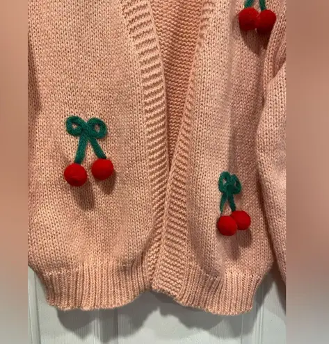 NWT Luna + Ivy Anthropologie Size S Pink Knit Cardigan 3D Appliqué Cherries