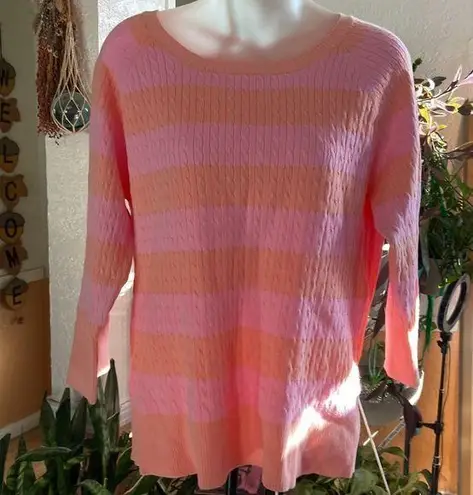 st. john's bay  Pink/Orange Stripe Pullover Sweater 3/4 Sleeve Scoop Neck Size XL