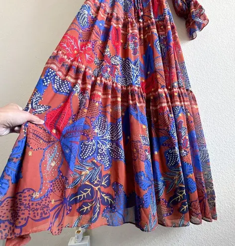 House of Harlow Maxi Tiered Floral Rustic Boho Long Sleeve Dress Size Small Orange