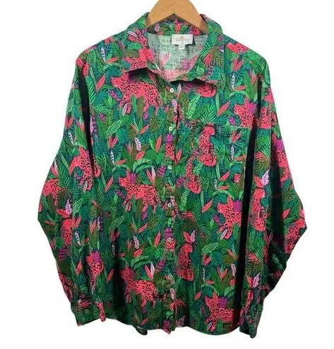 Palms Away Top Women L Green Pink Linen Button Down Shirt Spring Leopard Novelty Size L