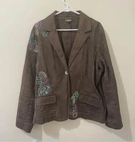 J.Jill  Brown Floral Embroidered Color Stitch Jacket / Cotton Blazer Size Large