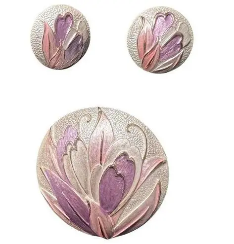 Post Modern Pastel Flower Dome Brooch & Clip In Floral Earrings Jewelry Set Gold