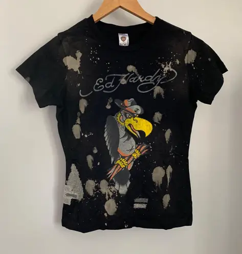 Ed Hardy Medium NEW Vulture Parrot Baby Tee Black Grey Splattered Deadstock