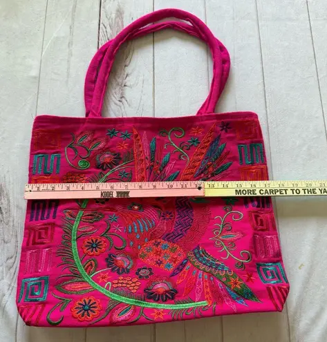 HUMMINGBIRD Embroidered Floral Vibrant Unique Bag Large Pink Zipper Pockets Red