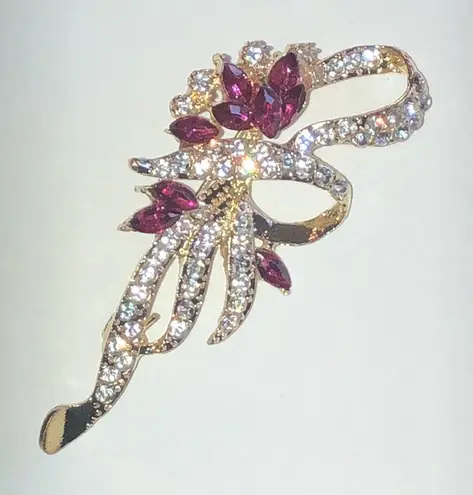 Elegant Gold Tone and Pink Rhinestone Floral Brooch