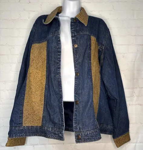 Coldwater Creek 3X Denim Jacket Blue Gold Paisley Faux Leather Trim Western Boho