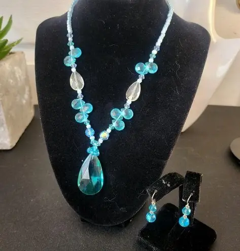Aqua Blue and Clear Glass Necklace and Earrings Set Handmade