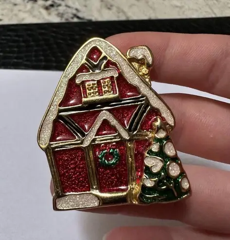 NWOT Signed SFJ Christmas Holiday Brooch Pin Enamel Red House with Tree And Snow