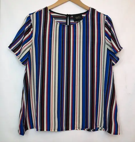 W5 NEW NWOT ANTHROPOLOGIE ANTHRO Blue Cream Red Striped Short Sleeve Work Blouse