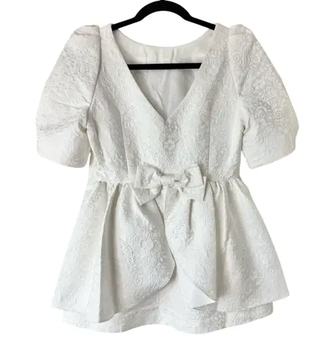 Givh Shyh Bright White Bridal Beaded Peplum Brocade Blouse Size 6