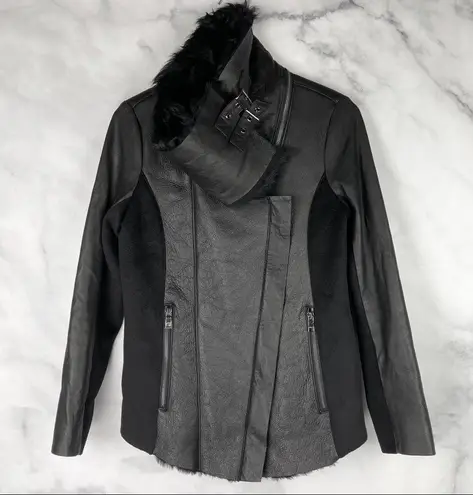 Boutique Ashley B Leather Shearling Wool Zipper Cowl Moto Biker Coat Jacket Black S $1795