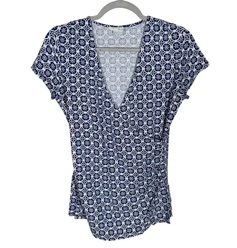 Boden Cap Sleeve Faux Wrap Blouse Geo Print Navy Blue Size 10