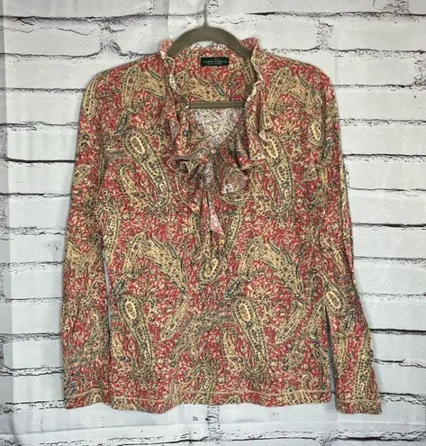 Vintage LRL Ralph Lauren paisley blouse Y2K ruffle western boho top red tan S