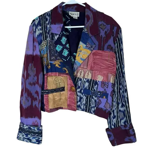 VTG Surya Patchwork Beaded Jacket Wmns Crop Retro Purple Sz L Grunge Boho Hippie Size L
