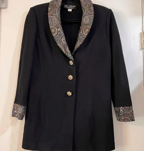 St. John Evening Jacket Blazer Long Line Bling Rhinestones Gold Black Silver 6