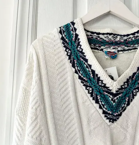 NAS North America Sweaters Deadstock White Green Lined V Neck Sweater Jumper OS Size M