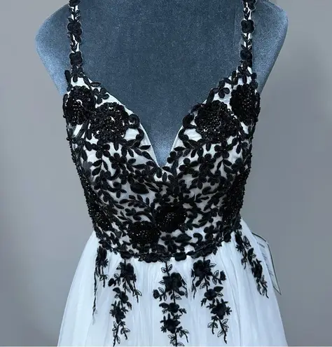 Say Yes To The Prom Embroidered Tulle Ball Gown Prom Black White Floral Lace 7/8