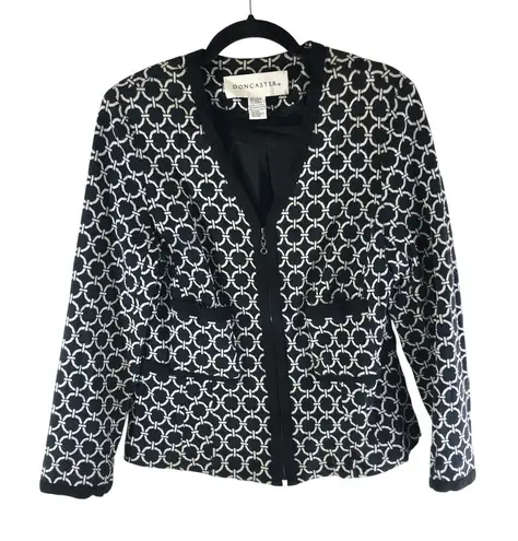 Doncaster Womens Black & White Geometric Print Peplum Jacket Size 14