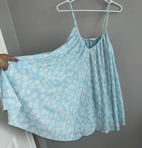 ZARA  Spaghetti Strap Mini Dress Daisy Floral Print Babydoll Bohemian Flowy S M