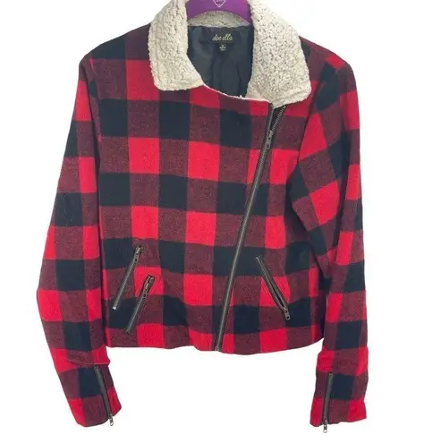 Dee Elle  Vintage Red Buffalo Plaid Sherpa moto Jacket angle zip Medium