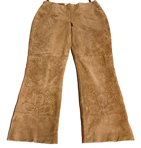 MARGARET GODFREY TAN SUEDE WHIP STITCH W/FLORAL DESIGN FLARE LEG PANTS (10)