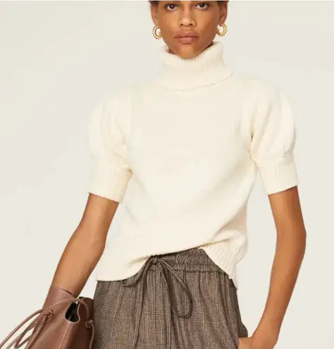 Adam Lippes Sweater Womens Small White Puff Sleeve Knit Turtleneck Cotton Wool