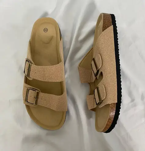 Boho Tan Brown Faux Suede Brassy Gold Buckle Sandals / Slides EU 43 US 12 thumbnail 1