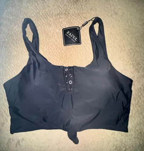 Zaful Bikini Swimsuit Top Women Sz L (8) Black Cropped Tank Top Snap Detail NWT