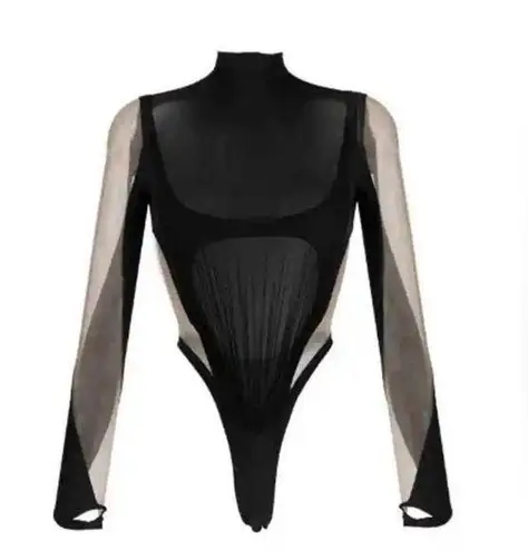 MUGLER Panelled Long Sleeve Illusion Mesh Cut Out Bodysuit Top, Size 44. $975 Black