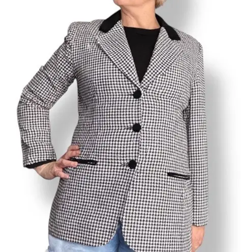 Vintage 90s Black White Houndstooth Blazer Jacket Velvet Collar Wool Blend 12