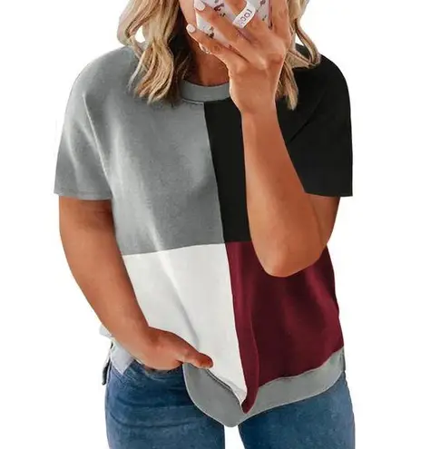 WINE RED WHITE GRAY BLACK CREW NECK COLOR BLOCK TOP SIZE 2X 18