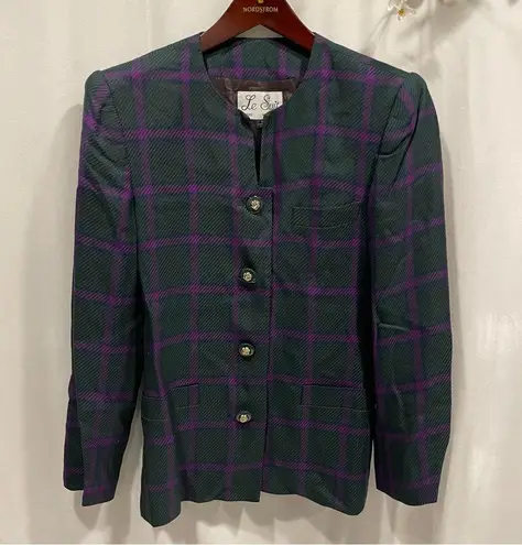 Le Suit Elegant 80’s green purple plaid chunky jeweled button blazer pockets