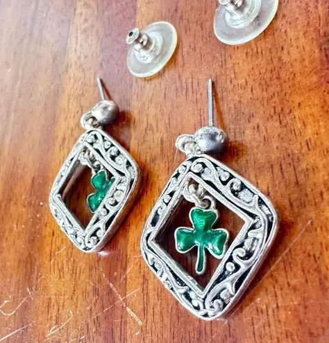 Vintage 80's Shamrock Earrings Handmade Dangle Posts St Patrick's Day Pa… Silver