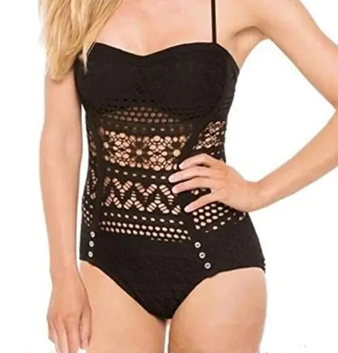 New Large Black Strapless Sheer Crochet One Piece Swim Suit with Button Detail