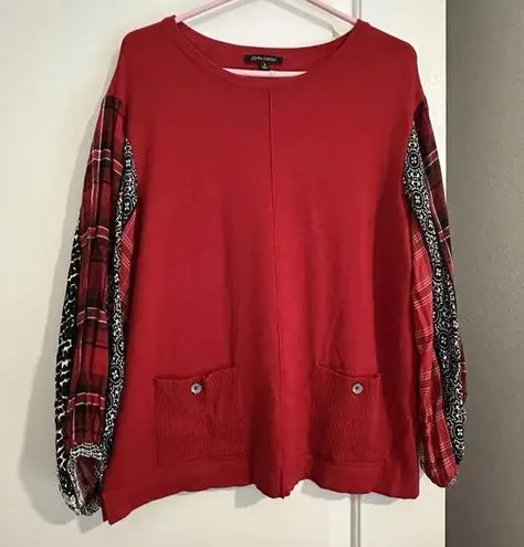 John Mark Red Knit Pullover Sweater Tunic Mixed Print 3/4 Sleeve Sz S Small